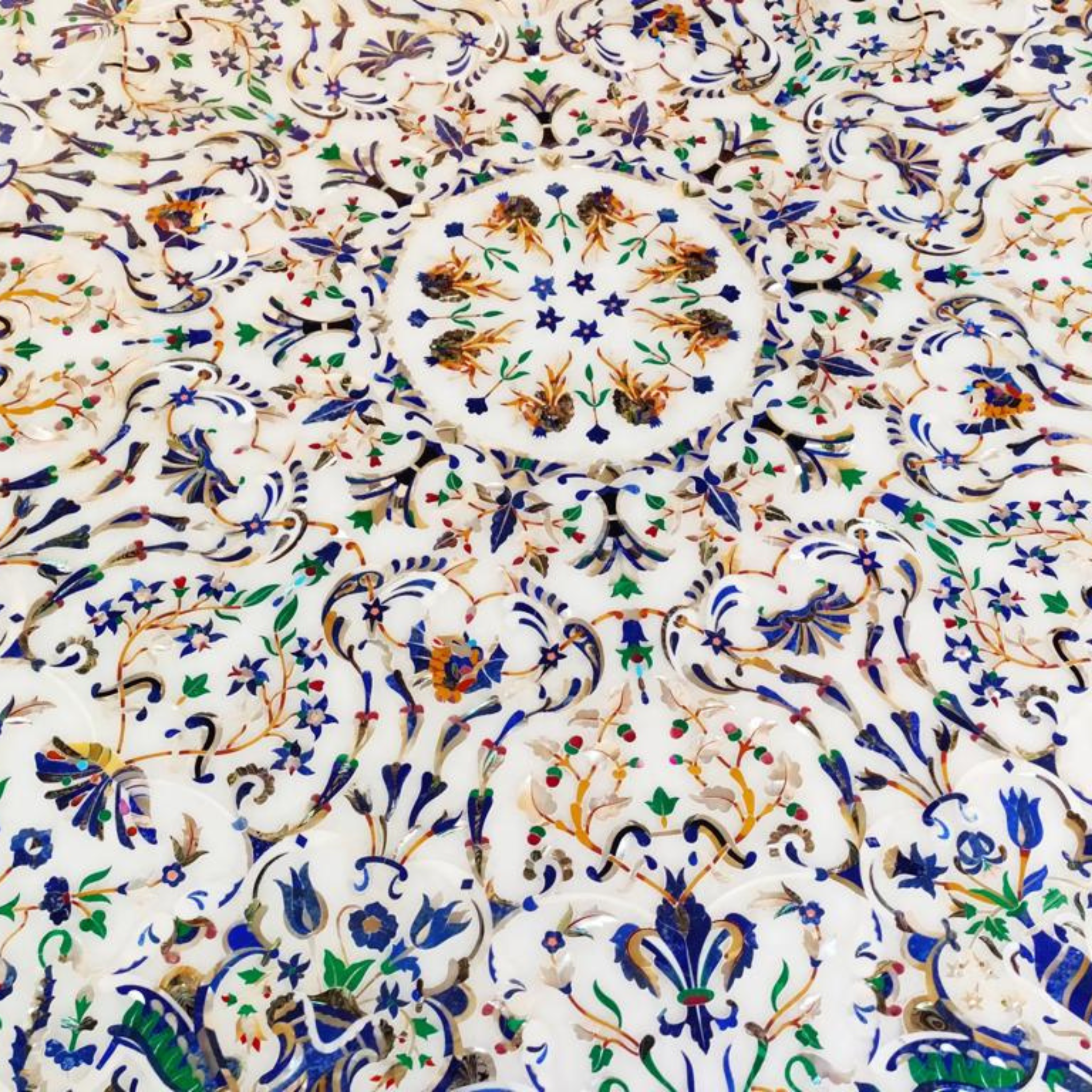 Handcrafted white marble dining table with marquetry inlay work and blue details