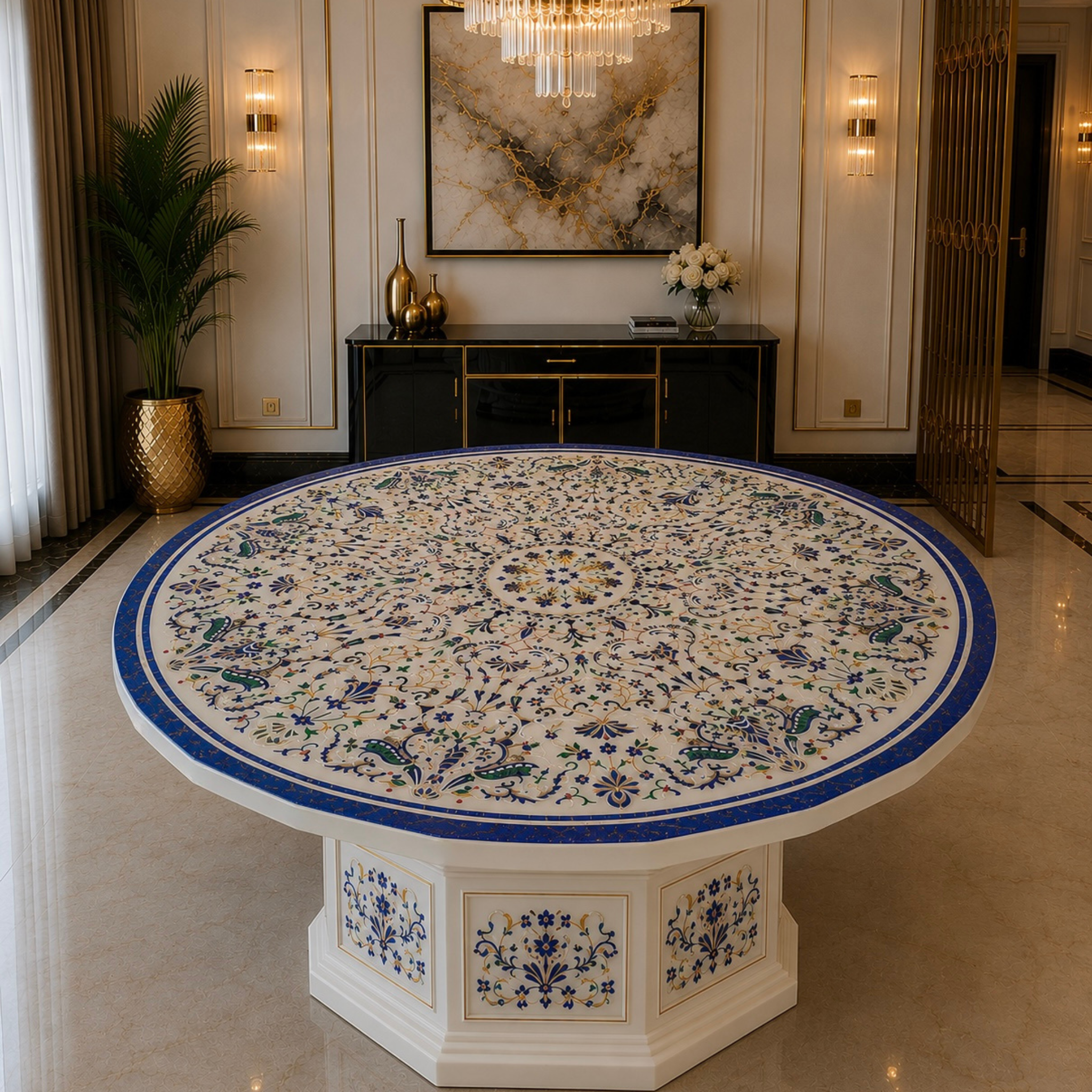 Handcrafted white marble dining table with marquetry inlay work and blue details