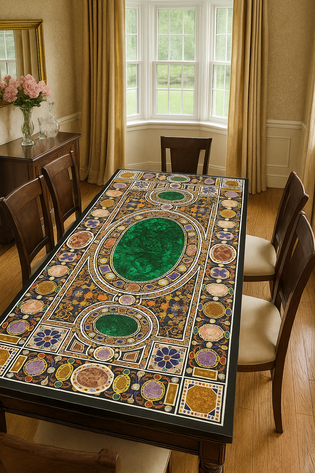 Handcrafted black marble dining table with pietra dura inlay work and geometric motifs