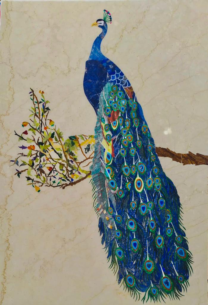 Handcrafted marble stone mosaic peacock Wall Panel