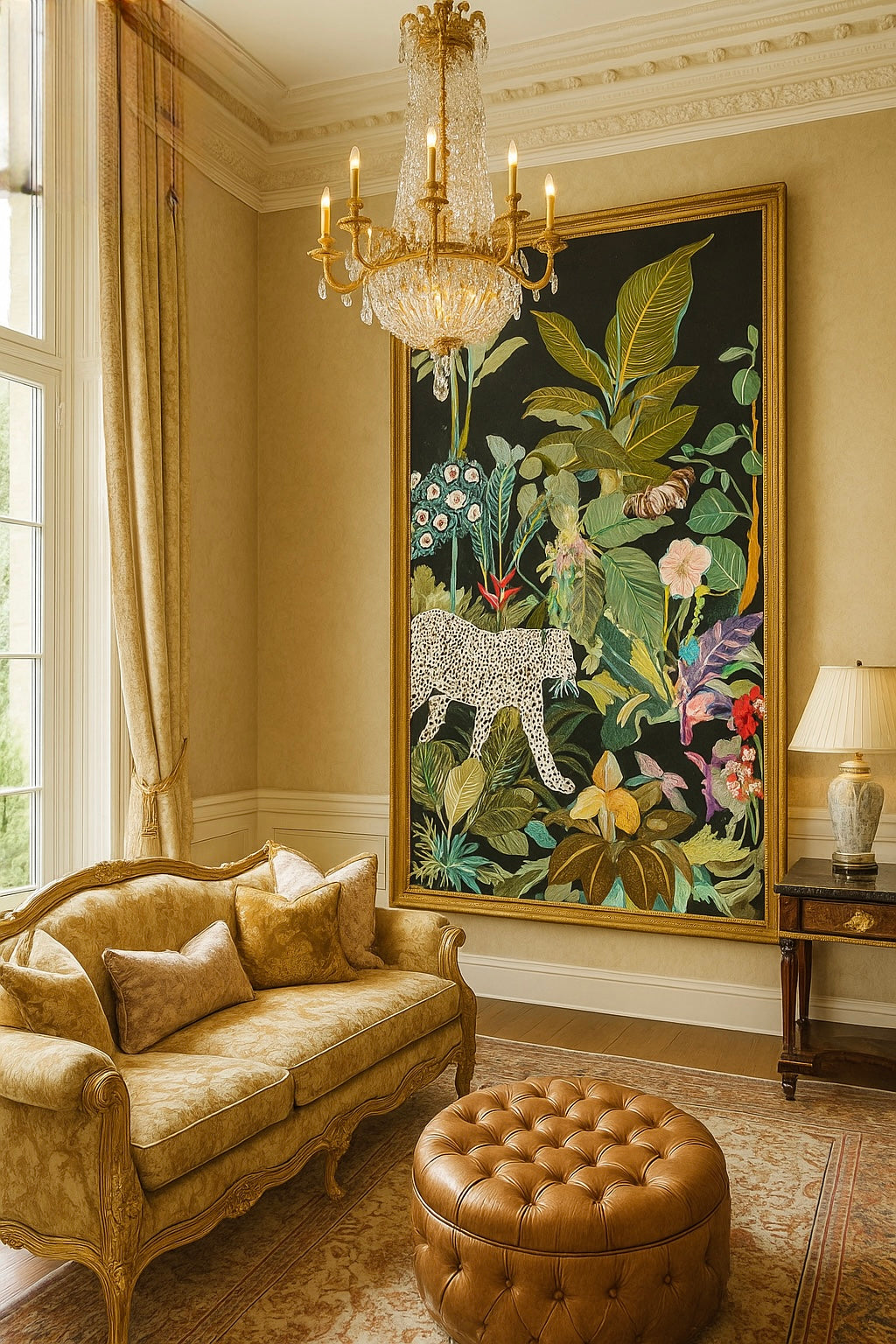 Large botanical wall Panel with leopard walking through vibrant tropical foliage