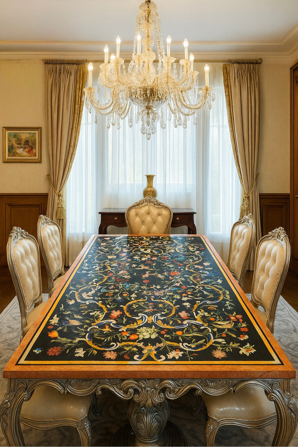 Handcrafted Pietra Dura Dining table with royal black marble top