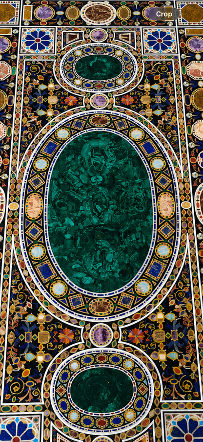 Handcrafted black marble dining table with pietra dura inlay work and geometric motifs