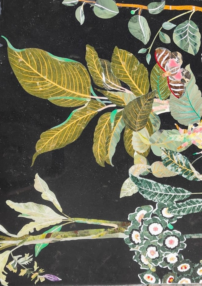 Large botanical wall Panel with leopard walking through vibrant tropical foliage