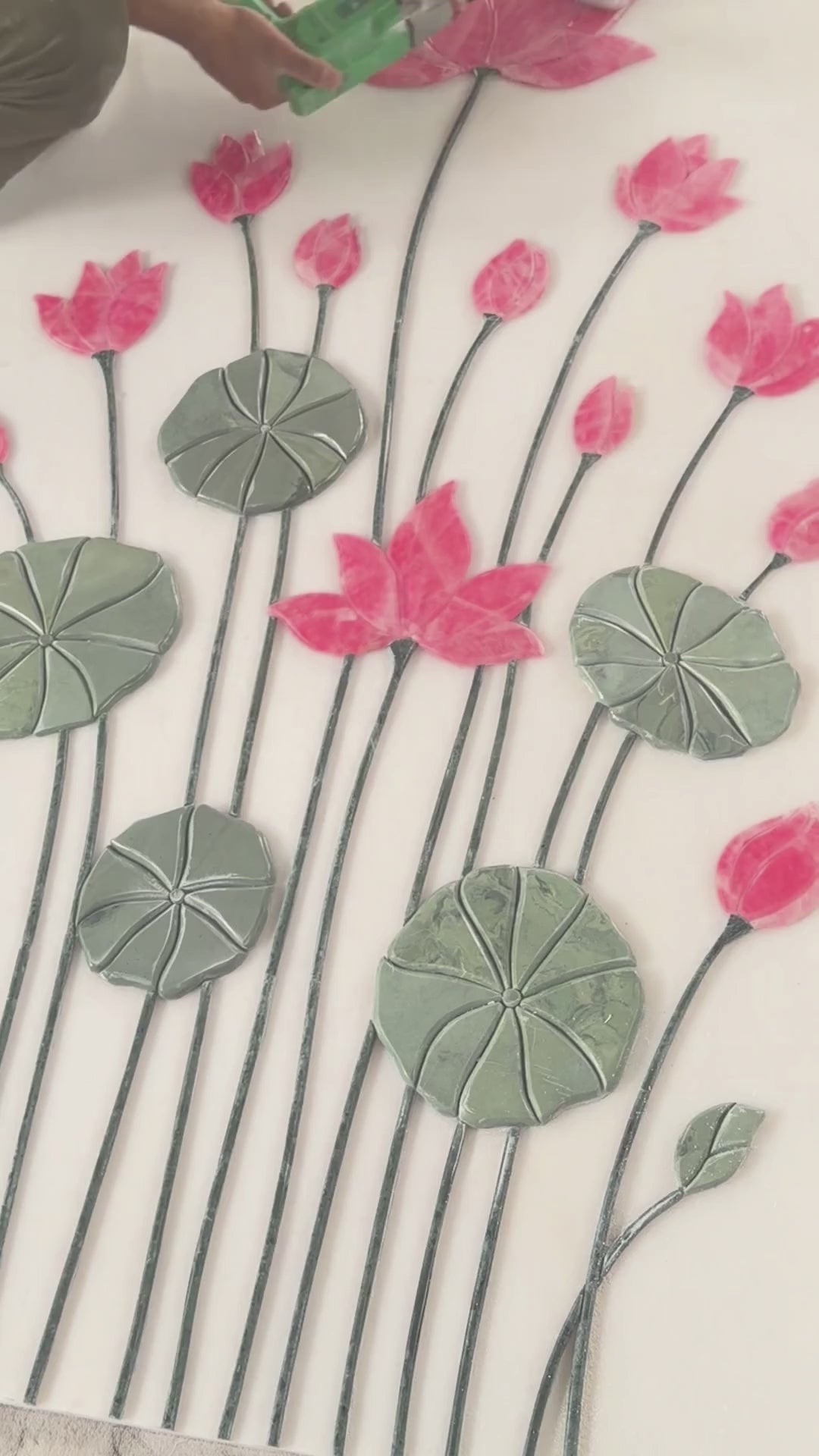 Handcrafted Lotus Marble Inlay wall panel features pink flowers