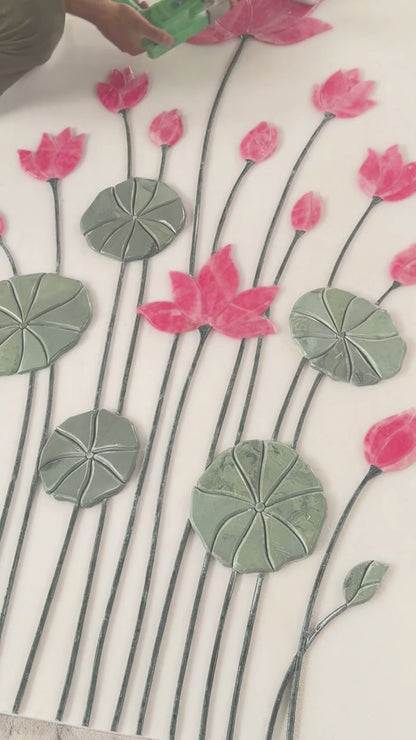 Handcrafted Lotus Marble Inlay wall panel features pink flowers