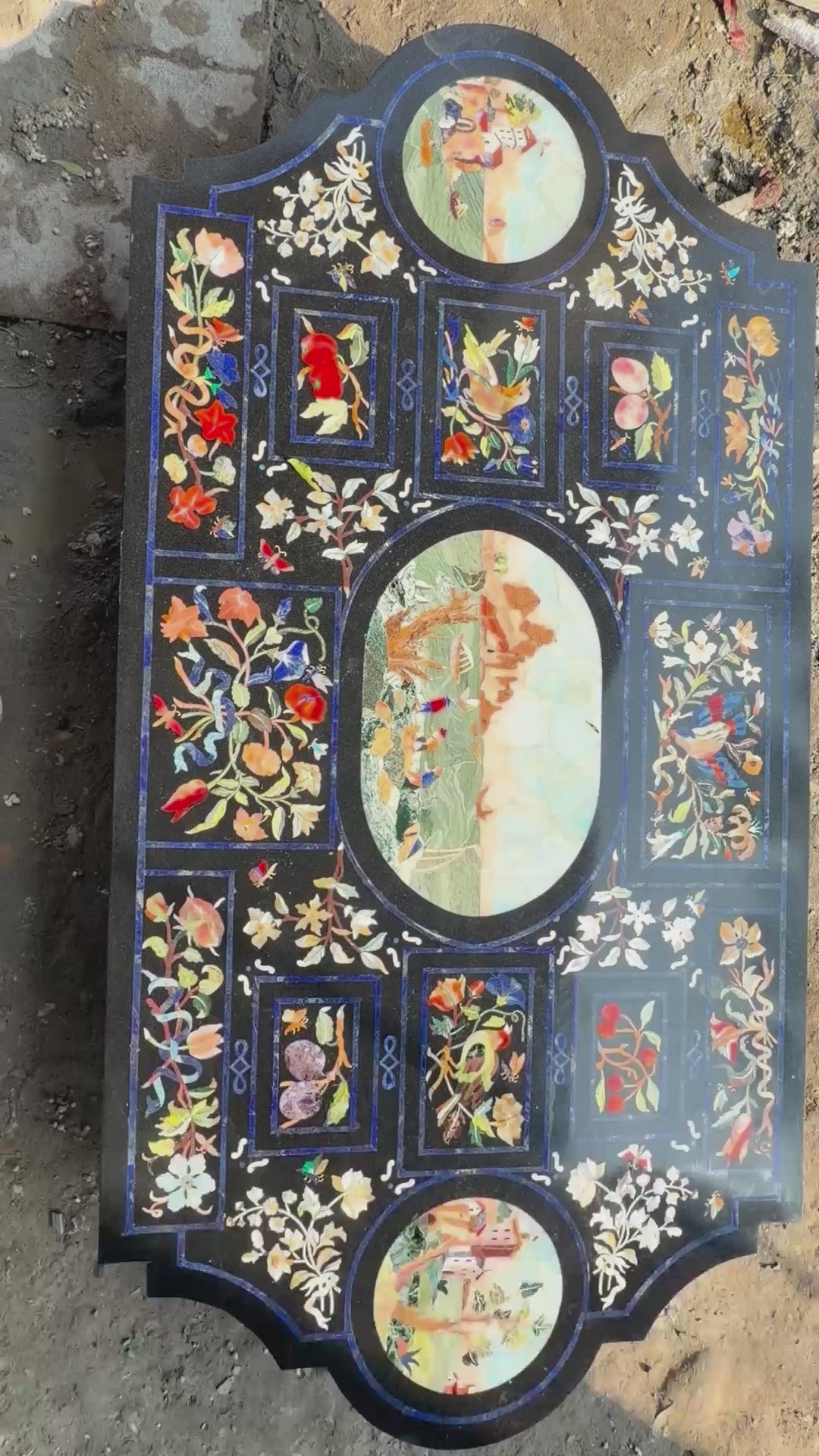 Handcrafted Pietra Dura black marble dining table With intricate floral mosaic inlay work