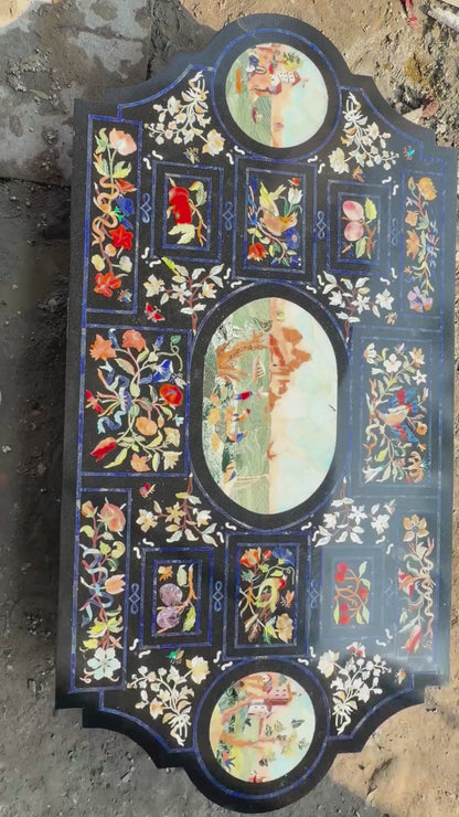 Handcrafted Pietra Dura black marble dining table With intricate floral mosaic inlay work