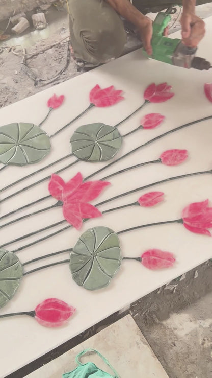 Handcrafted Lotus Marble Inlay wall panel features pink flowers
