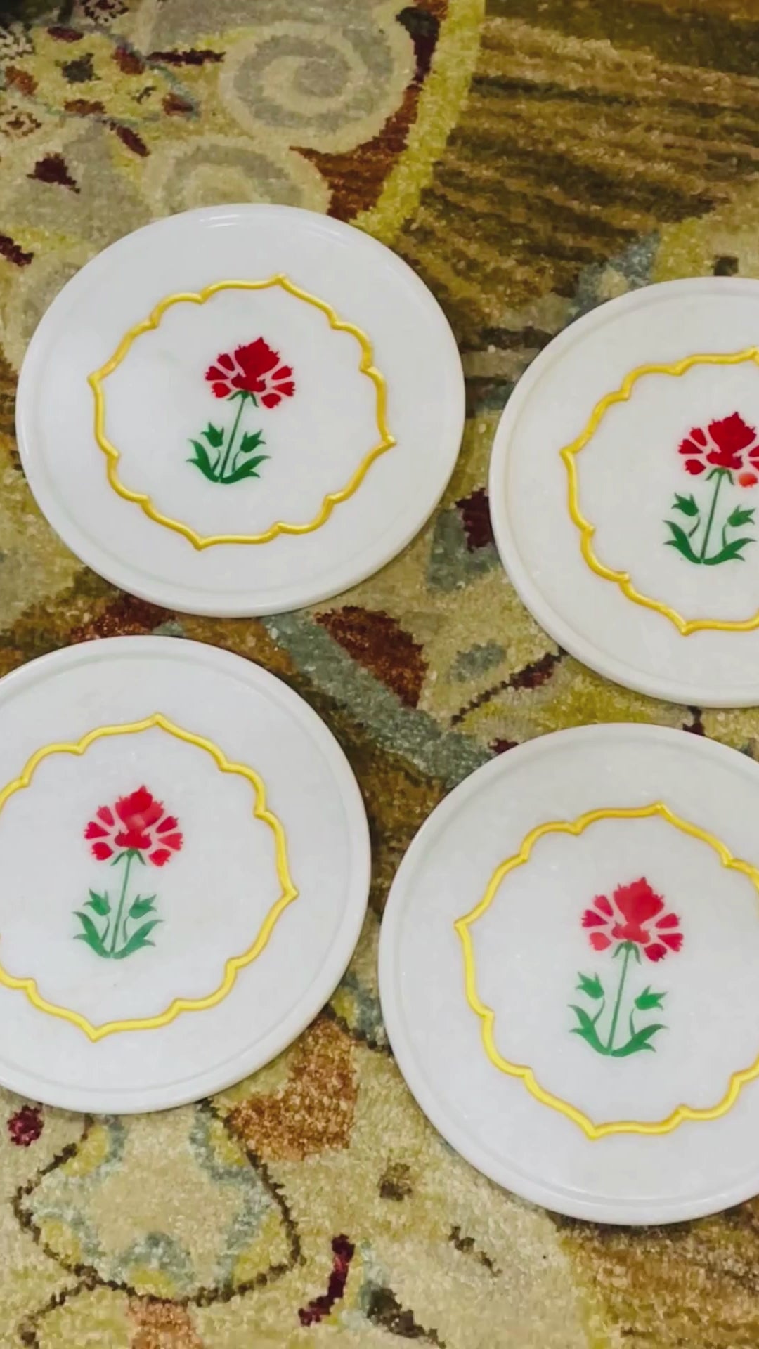 Load video: Handcrafted white marble square tray with hand-inlaid red and green motif