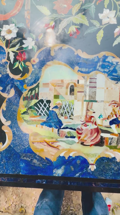 Semi-precious stone inlay table top features intricate pietra dura craftsmanship