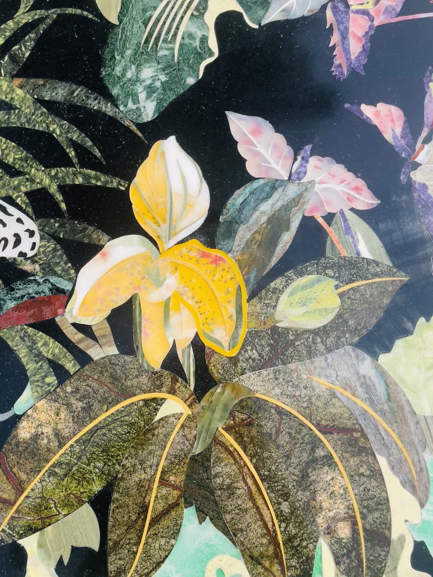 Load video: Large botanical wall Panel with leopard walking through vibrant tropical foliage
